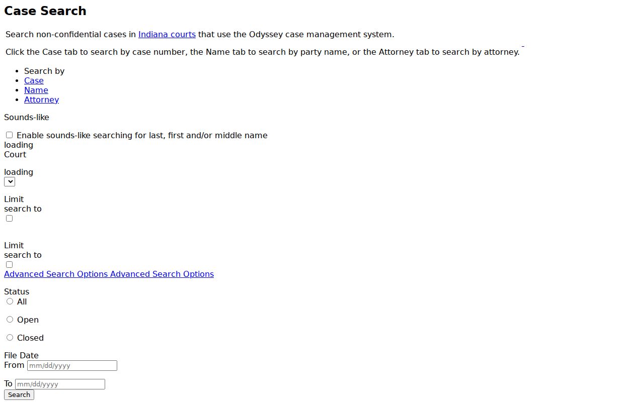 Indiana MyCase Case Name and Attorney search controls