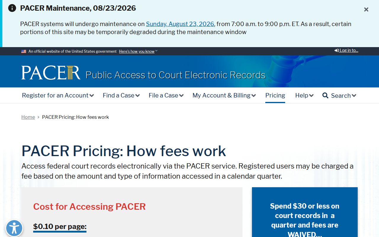 PACER federal court record pricing and quarterly waiver information