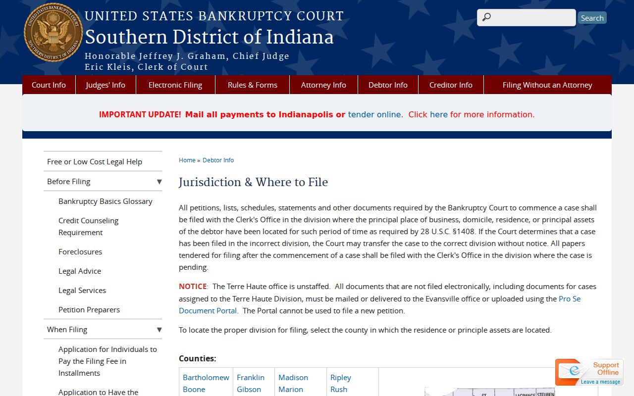 Southern District of Indiana bankruptcy division routing for Wayne County